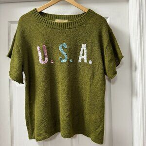 Wildfox White Label USA sequin knit short sleeve army green sz Small (oversized)